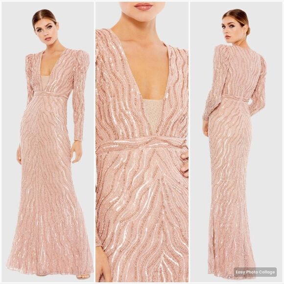 Mac Duggal 93574 Womens Pink Beaded Puff Sleeve Trumpet Gown - Picture 1 of 15